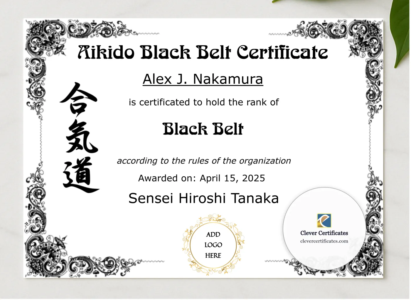 Aikido Black Belt Certificate presented in a sleek wooden frame, elegantly arranged on a stylish table.