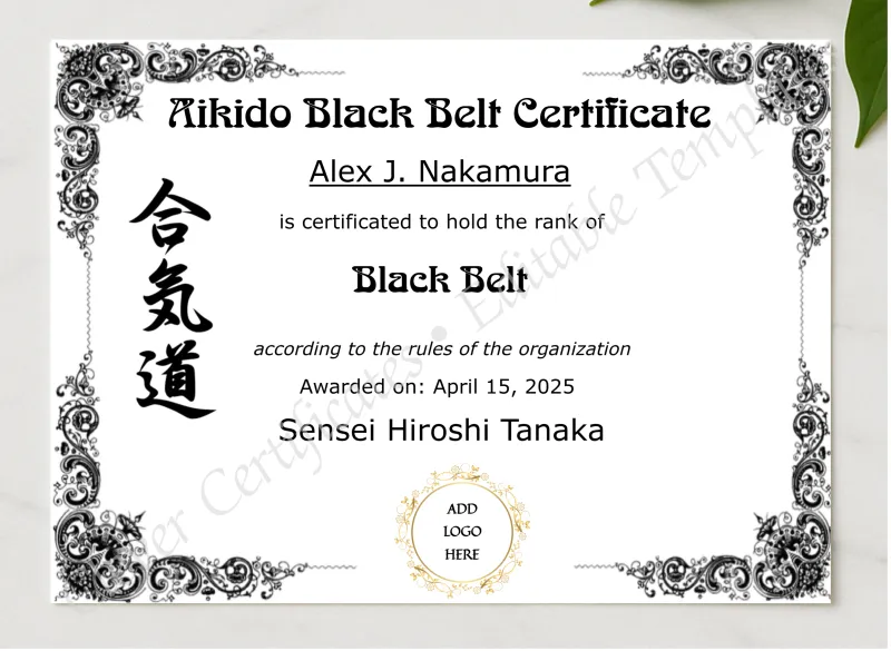 Aikido Black Belt Certificate presented in a sleek wooden frame, elegantly arranged on a stylish table.