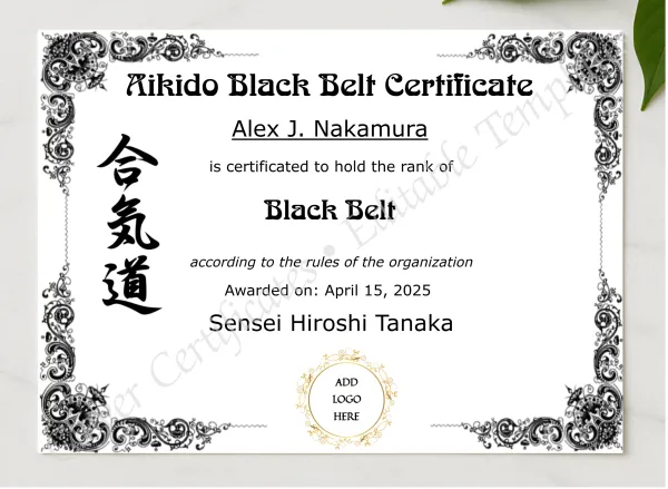 Aikido Black Belt Certificate presented in a sleek wooden frame, elegantly arranged on a stylish table.