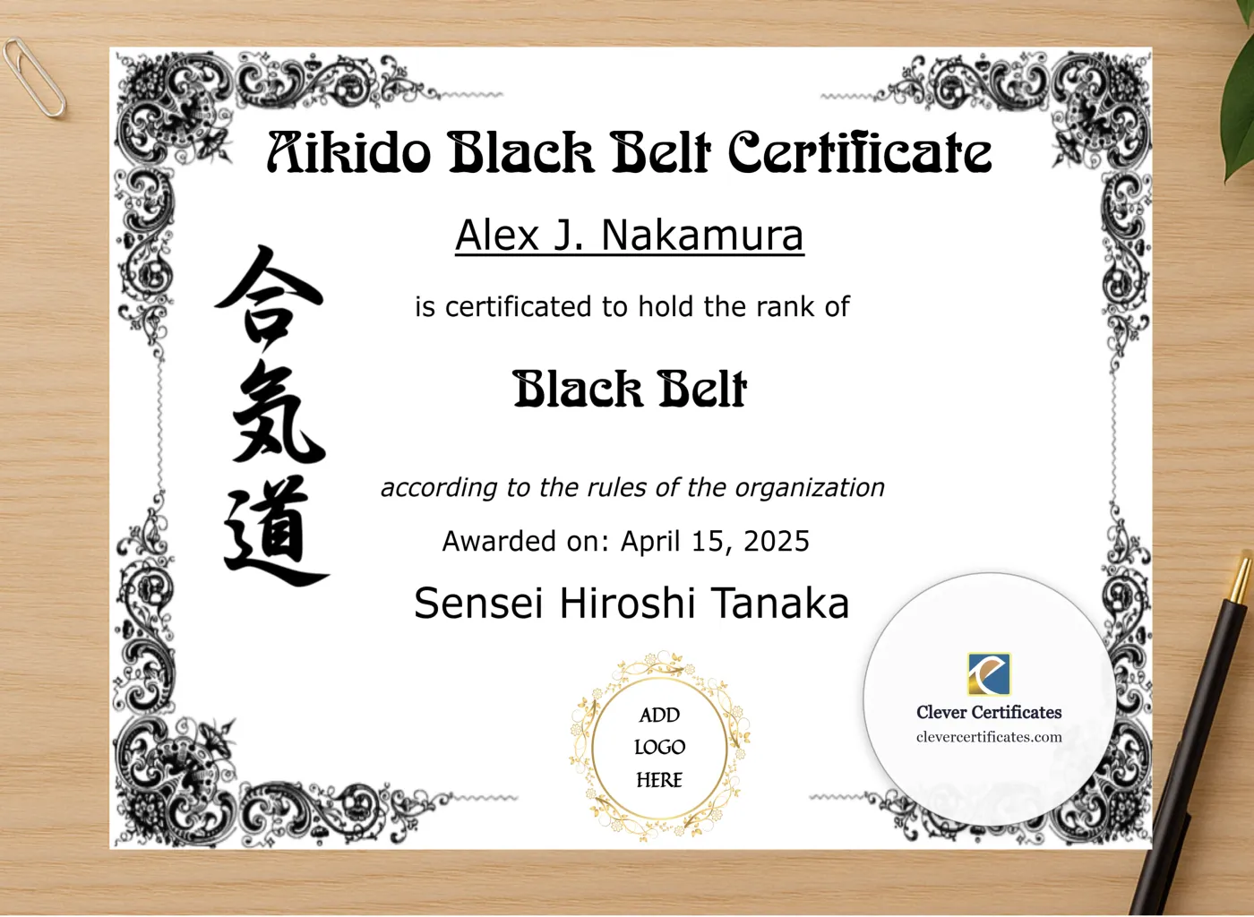 Professional preview of Aikido Black Belt Certificate certificate on high-quality stationery paper, ideal for showcasing the final look.