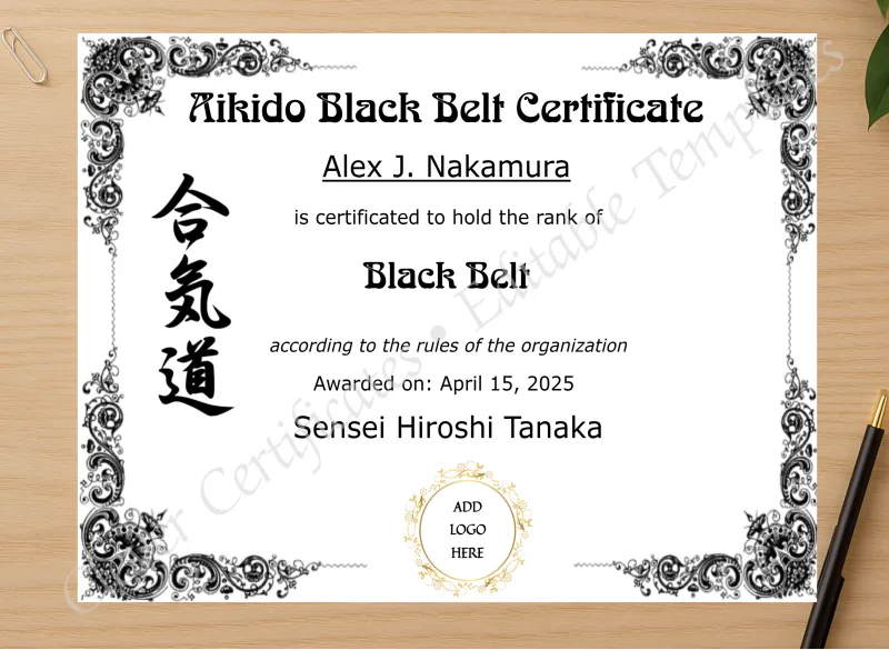 Professional preview of Aikido Black Belt Certificate certificate on high-quality stationery paper, ideal for showcasing the final look.