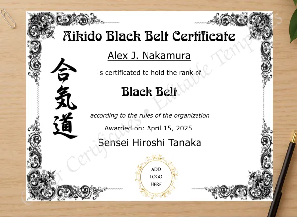 Professional preview of Aikido Black Belt Certificate certificate on high-quality stationery paper, ideal for showcasing the final look.