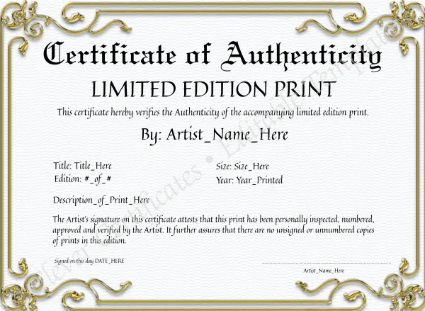 Printable Golden Certificate Of Authenticity