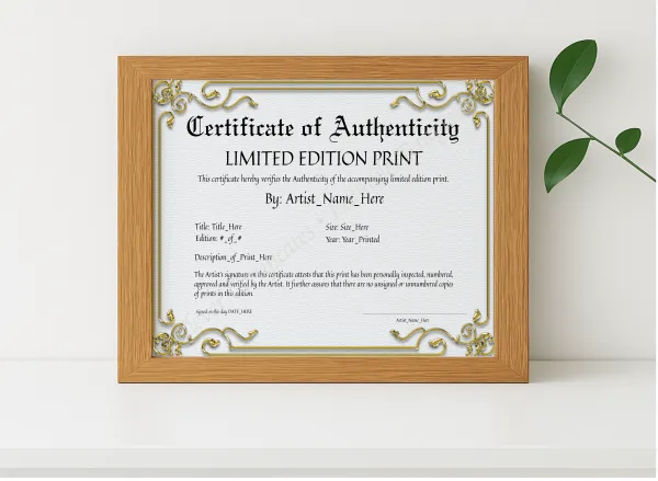 Realistic mockup featuring Printable Golden Certificate Of Authenticity displayed within a modern frame, set against a minimalistic background.