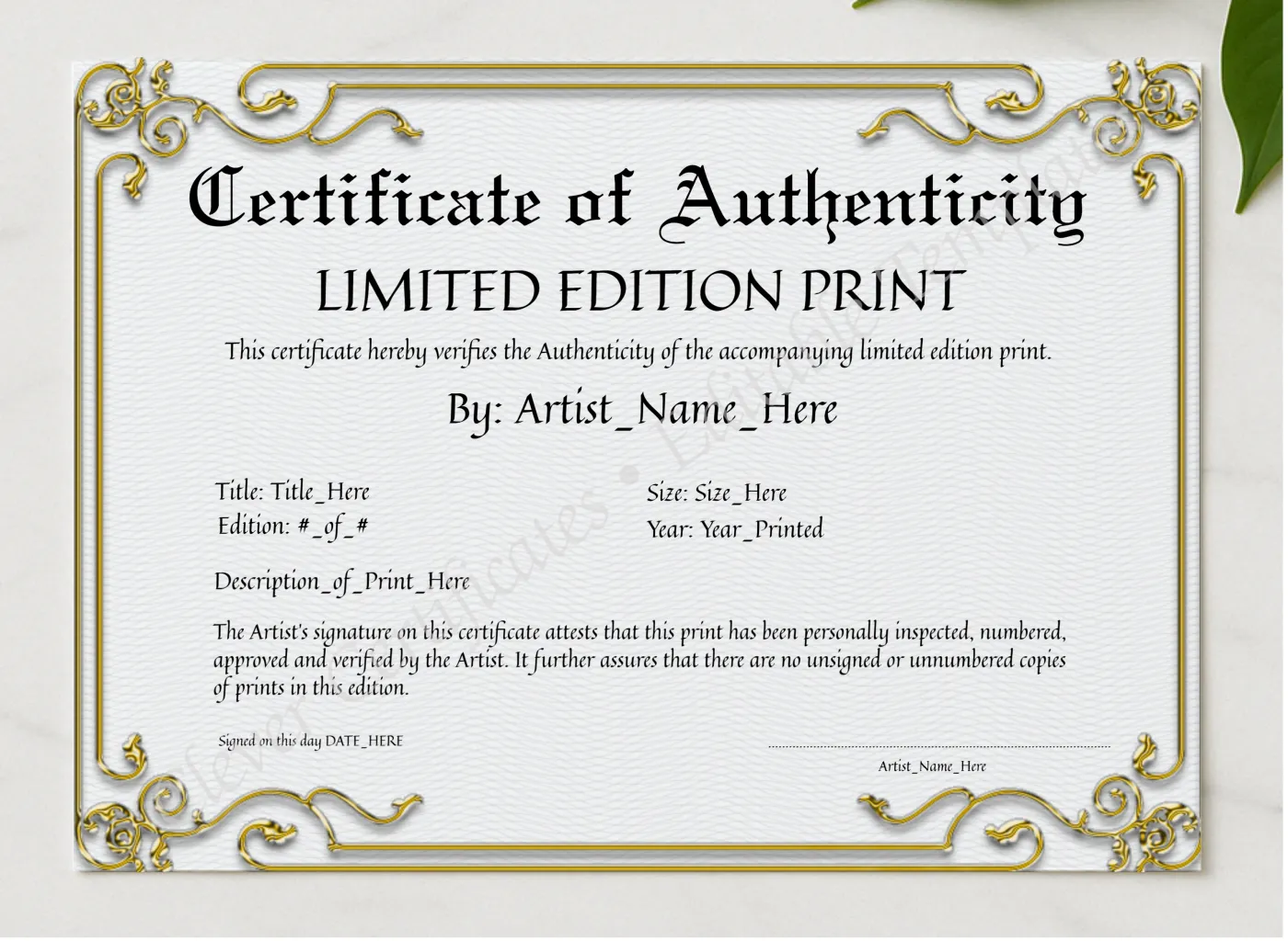 Printable Golden Certificate Of Authenticity presented in a sleek wooden frame, elegantly arranged on a stylish table.
