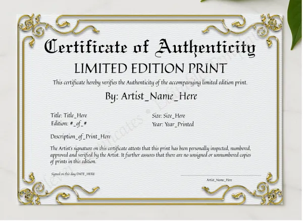 Printable Golden Certificate Of Authenticity presented in a sleek wooden frame, elegantly arranged on a stylish table.