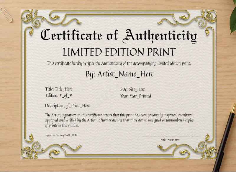 Professional preview of Printable Golden Certificate Of Authenticity certificate on high-quality stationery paper, ideal for showcasing the final look.