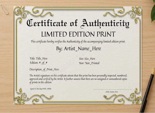 Professional preview of Printable Golden Certificate Of Authenticity certificate on high-quality stationery paper, ideal for showcasing the final look.