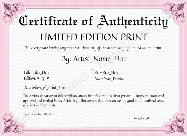 Customizeable Pink Certificate Of Authenticity