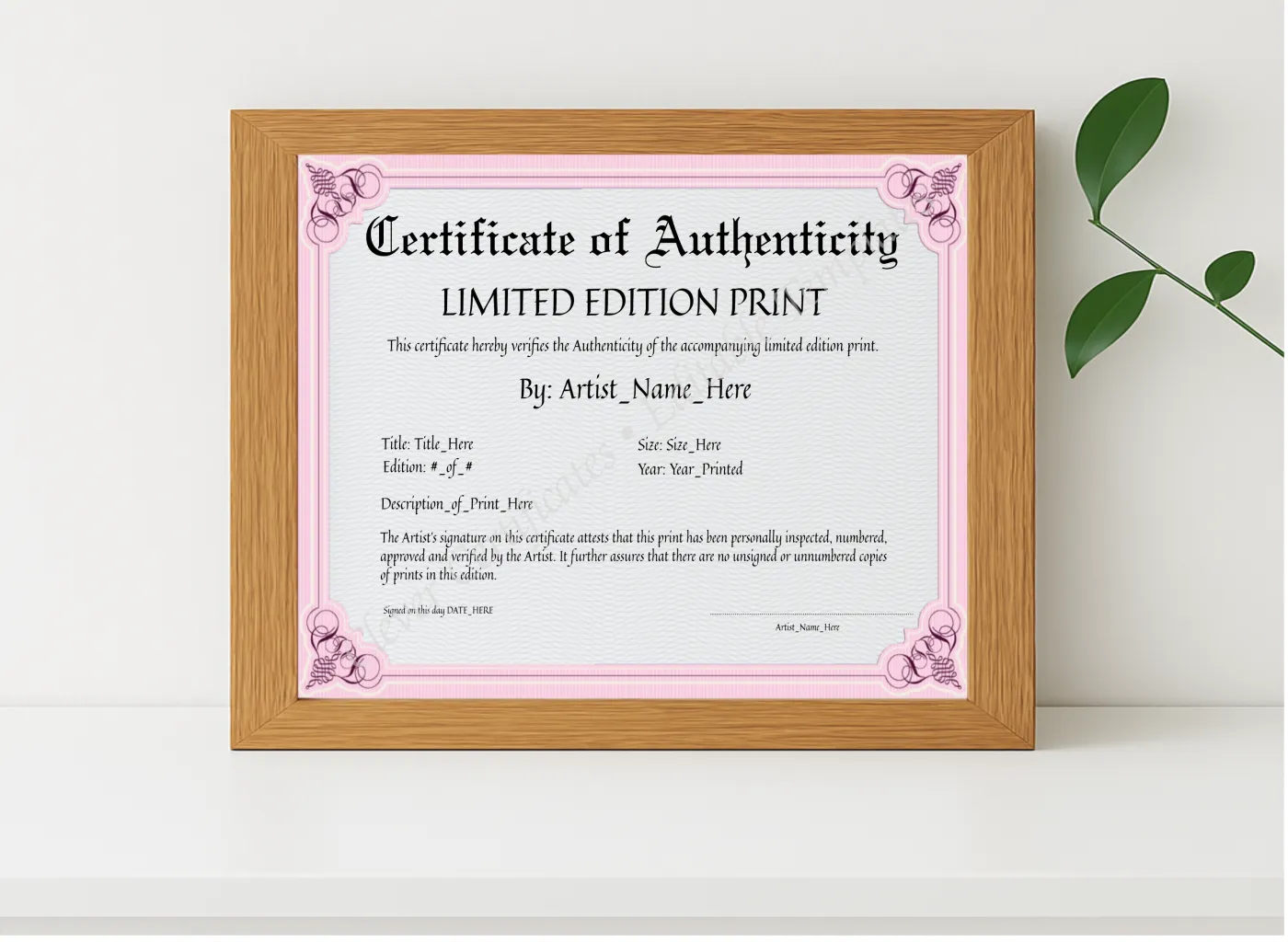 Realistic mockup featuring Customizeable Pink Certificate Of Authenticity displayed within a modern frame, set against a minimalistic background.