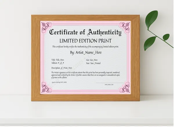 Realistic mockup featuring Customizeable Pink Certificate Of Authenticity displayed within a modern frame, set against a minimalistic background.
