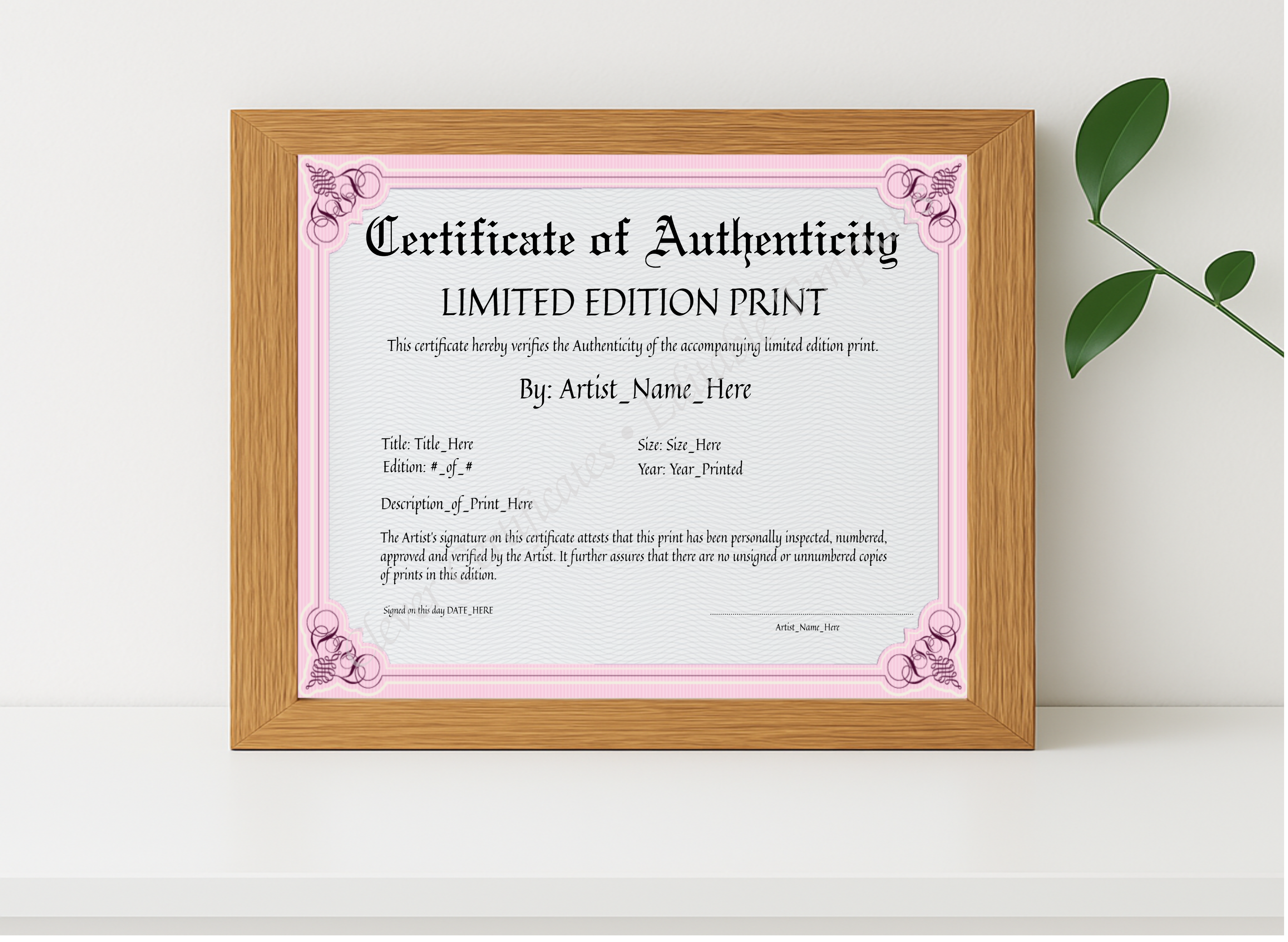 Realistic mockup featuring Customizeable Pink Certificate Of Authenticity displayed within a modern frame, set against a minimalistic background.