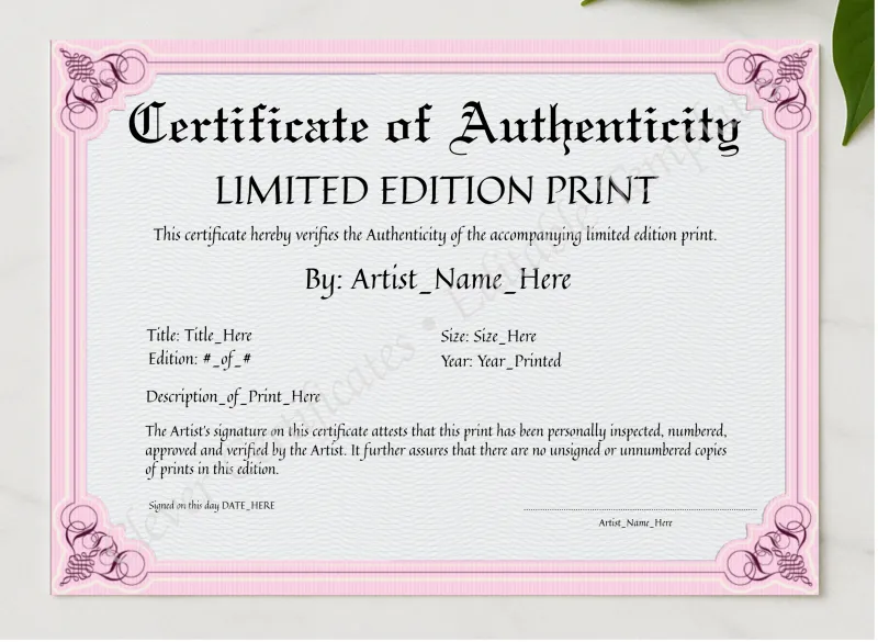 Customizeable Pink Certificate Of Authenticity presented in a sleek wooden frame, elegantly arranged on a stylish table.