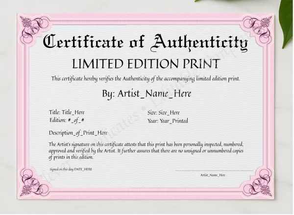 Customizeable Pink Certificate Of Authenticity presented in a sleek wooden frame, elegantly arranged on a stylish table.