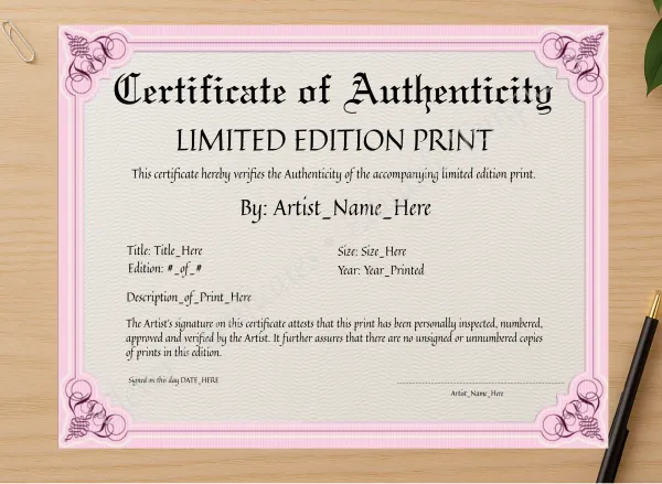 Professional preview of Customizeable Pink Certificate Of Authenticity certificate on high-quality stationery paper, ideal for showcasing the final look.