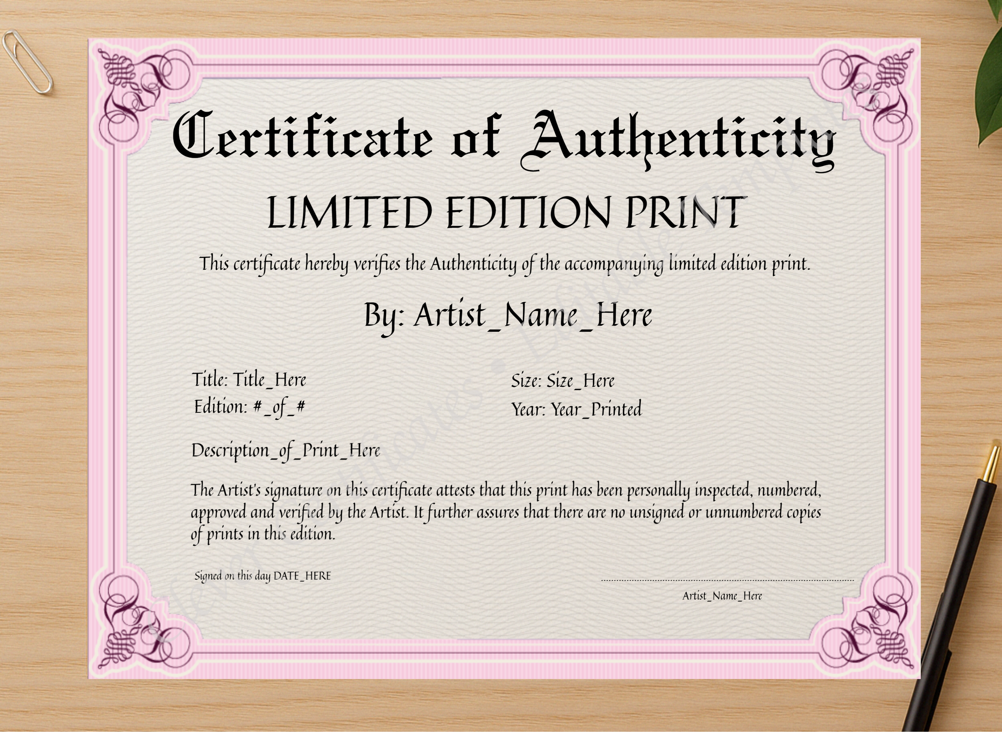 Professional preview of Customizeable Pink Certificate Of Authenticity certificate on high-quality stationery paper, ideal for showcasing the final look.