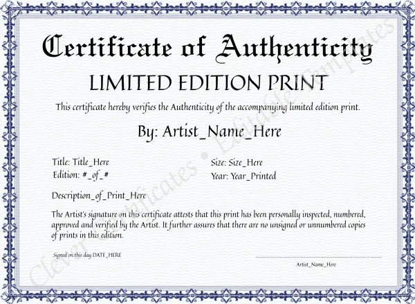 Editable Elegant Blue Certificate Of Authenticity