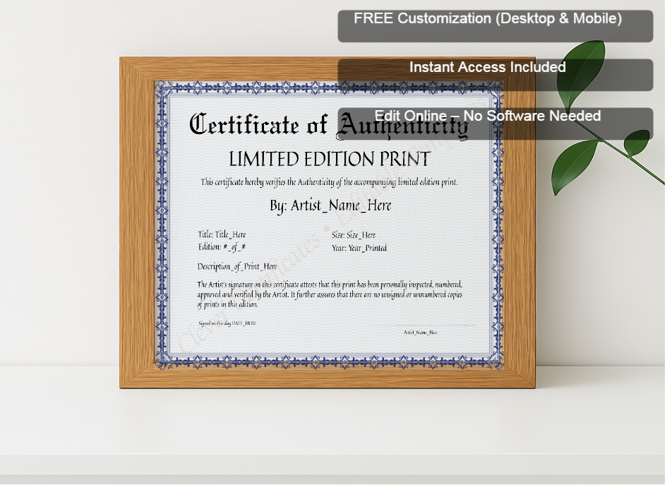 Premium mockup with Free Editor badge stack for Editable Elegant Blue Certificate Of Authenticity
