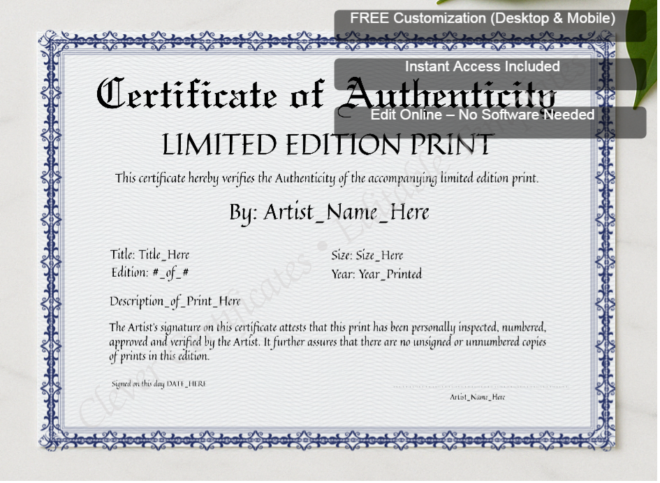 Framed preview featuring Free Editor badge stack for Editable Elegant Blue Certificate Of Authenticity