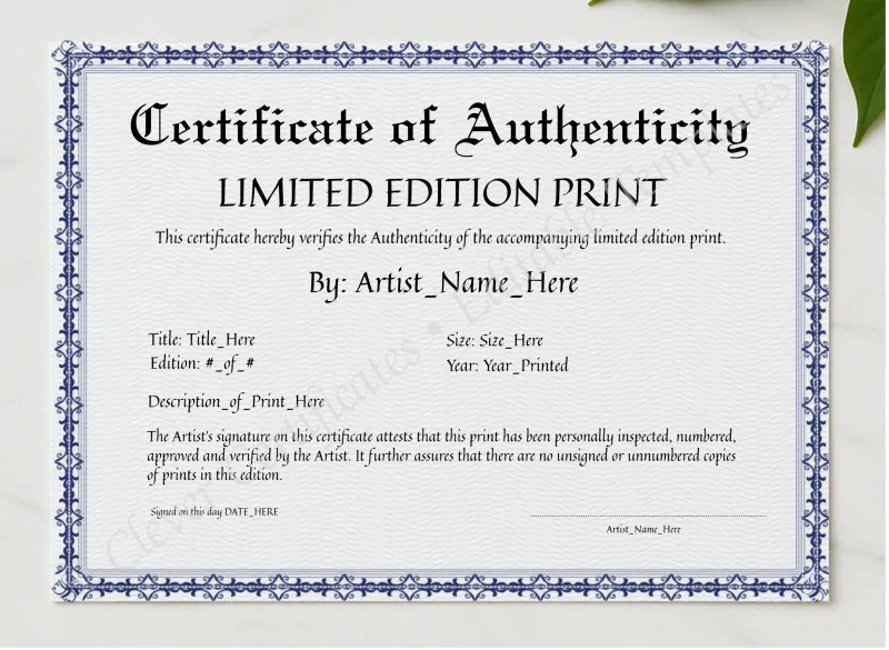 Editable Elegant Blue Certificate Of Authenticity presented in a sleek wooden frame, elegantly arranged on a stylish table.