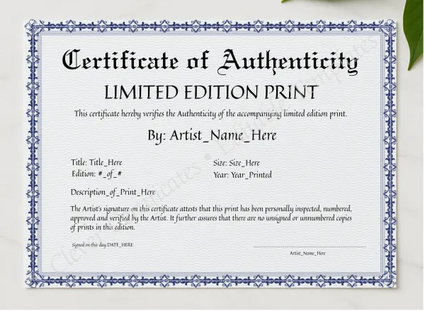 Editable Elegant Blue Certificate Of Authenticity presented in a sleek wooden frame, elegantly arranged on a stylish table.