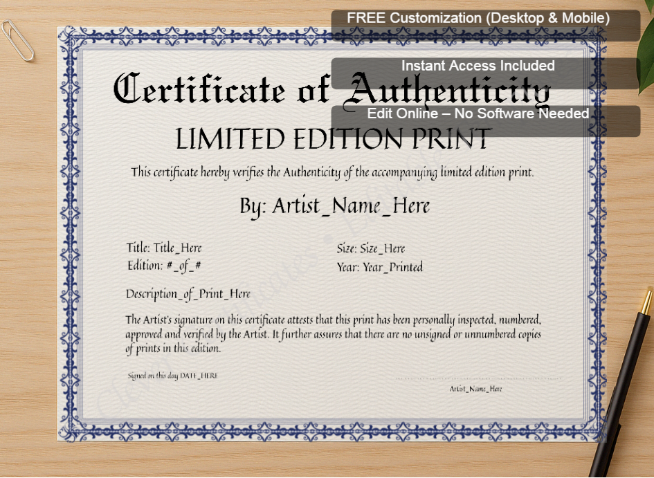 Zoomed preview with Free Editor badge stack for Editable Elegant Blue Certificate Of Authenticity