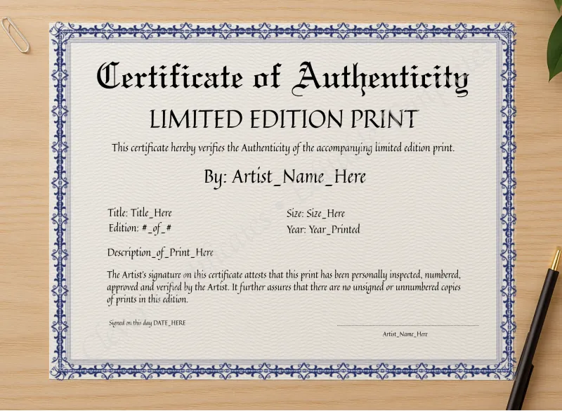 Professional preview of Editable Elegant Blue Certificate Of Authenticity certificate on high-quality stationery paper, ideal for showcasing the final look.