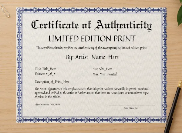 Professional preview of Editable Elegant Blue Certificate Of Authenticity certificate on high-quality stationery paper, ideal for showcasing the final look.