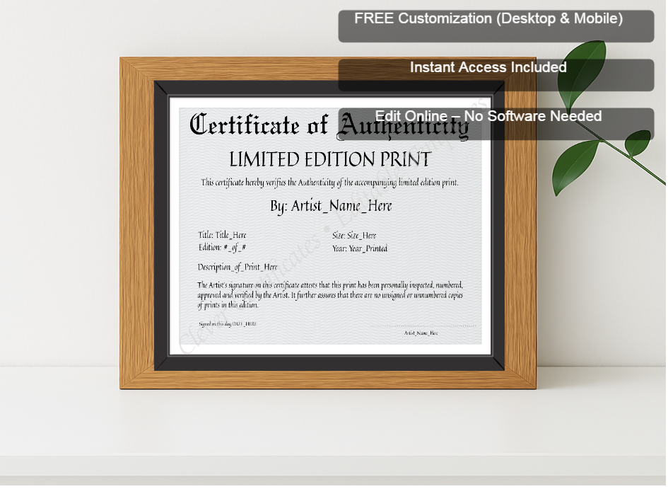 Premium mockup with Free Editor badge stack for Printable Elegant Black Certificate Of Authenticity