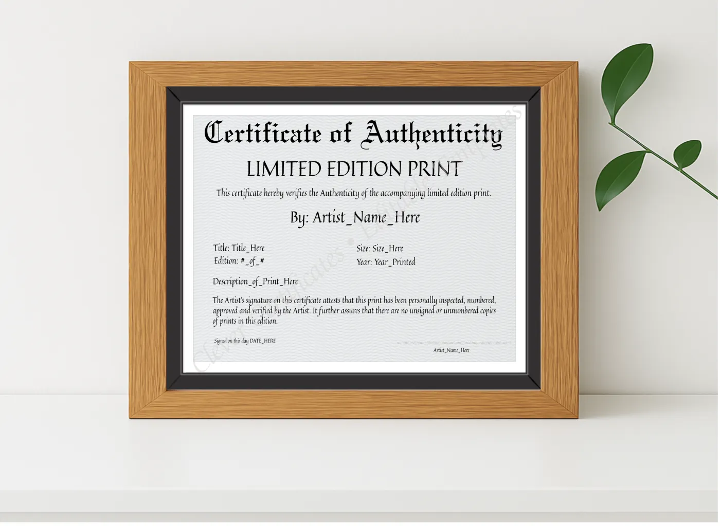 Realistic mockup featuring Printable Elegant Black Certificate Of Authenticity displayed within a modern frame, set against a minimalistic background.