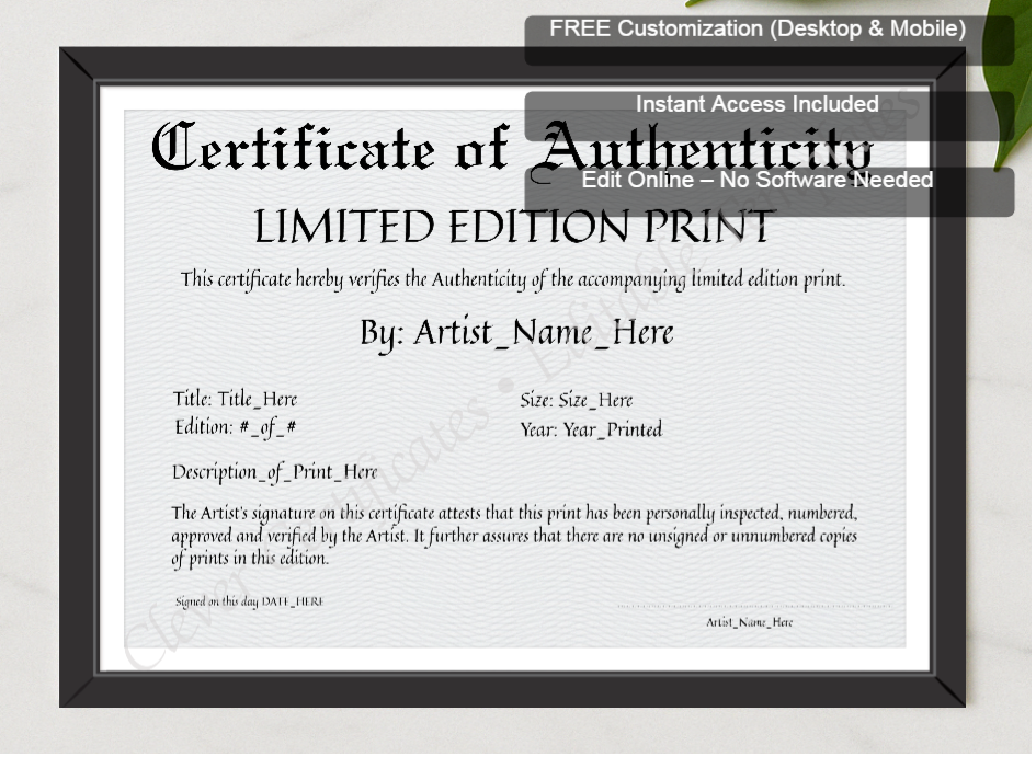 Framed preview featuring Free Editor badge stack for Printable Elegant Black Certificate Of Authenticity