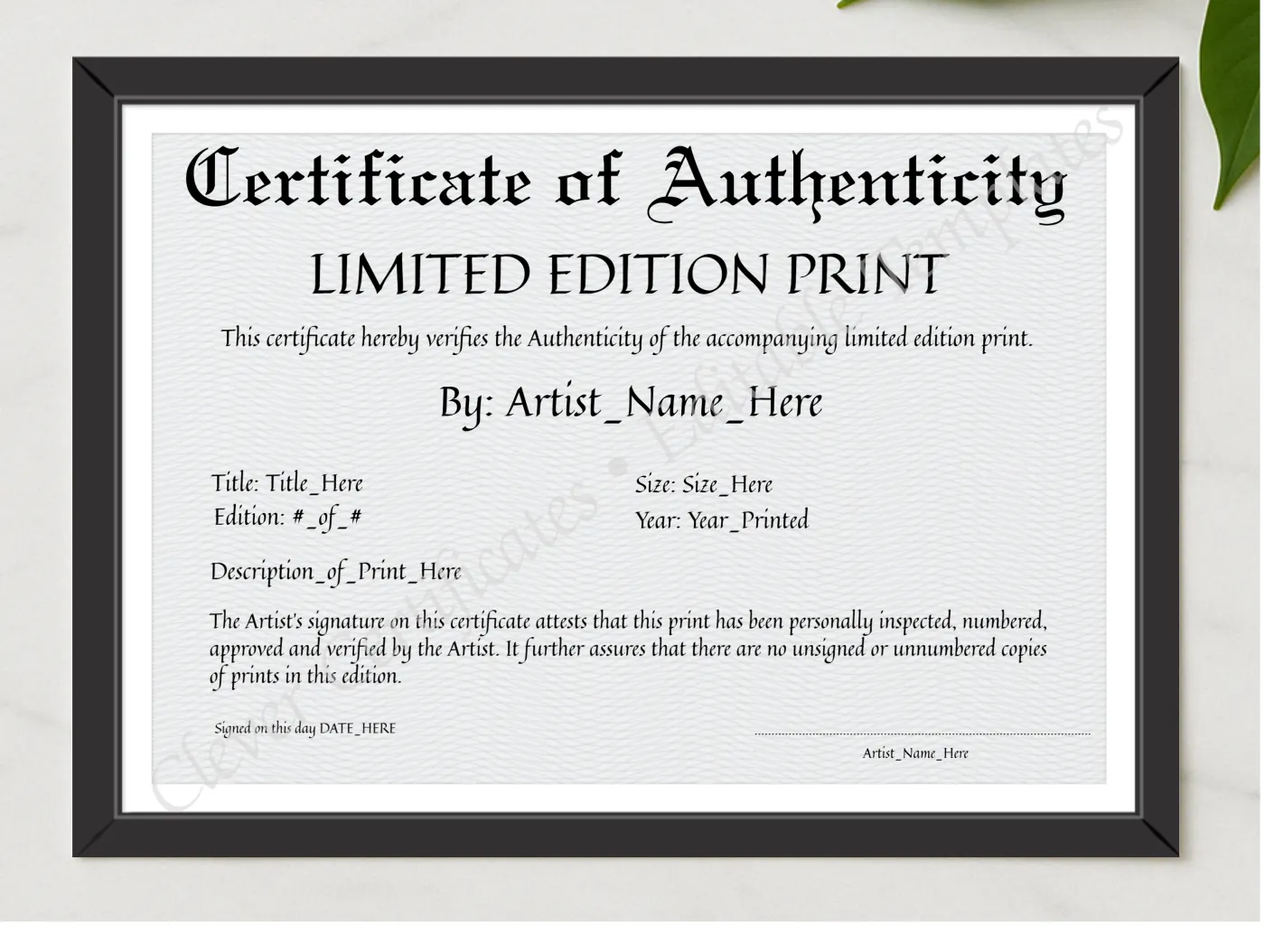 Printable Elegant Black Certificate Of Authenticity presented in a sleek wooden frame, elegantly arranged on a stylish table.