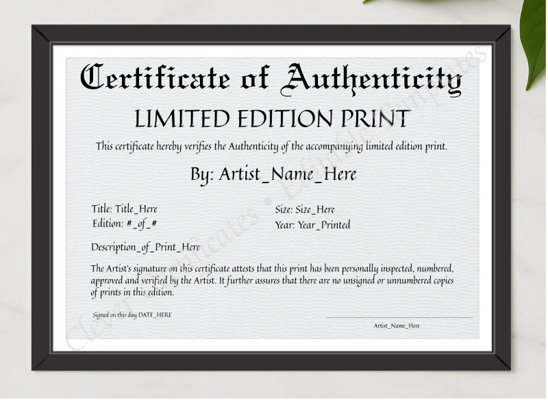 Printable Elegant Black Certificate Of Authenticity presented in a sleek wooden frame, elegantly arranged on a stylish table.