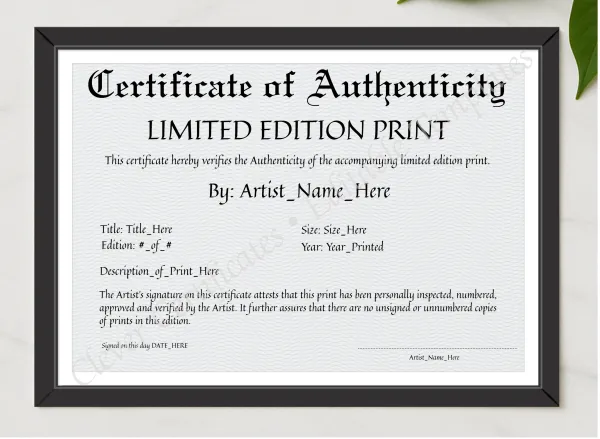 Printable Elegant Black Certificate Of Authenticity presented in a sleek wooden frame, elegantly arranged on a stylish table.