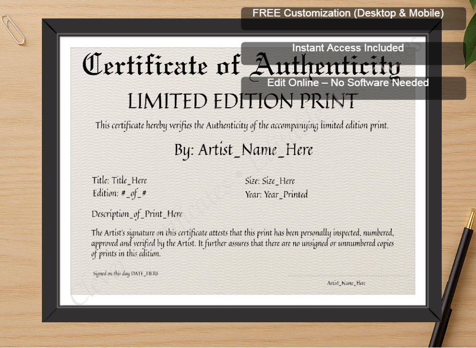 Zoomed preview with Free Editor badge stack for Printable Elegant Black Certificate Of Authenticity