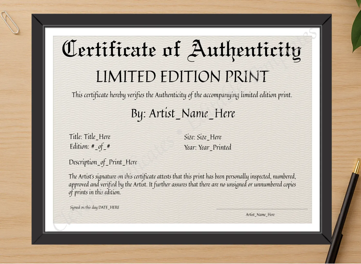 Professional preview of Printable Elegant Black Certificate Of Authenticity certificate on high-quality stationery paper, ideal for showcasing the final look.