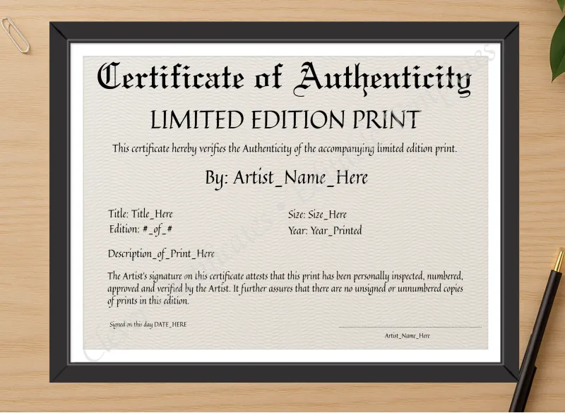 Professional preview of Printable Elegant Black Certificate Of Authenticity certificate on high-quality stationery paper, ideal for showcasing the final look.