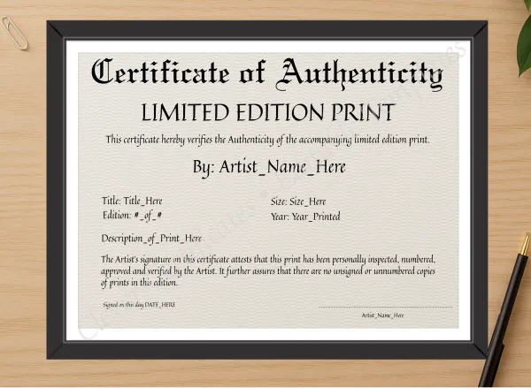 Professional preview of Printable Elegant Black Certificate Of Authenticity certificate on high-quality stationery paper, ideal for showcasing the final look.