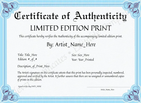 Customizeable Elegant Sky Blue Certificate Of Authenticity