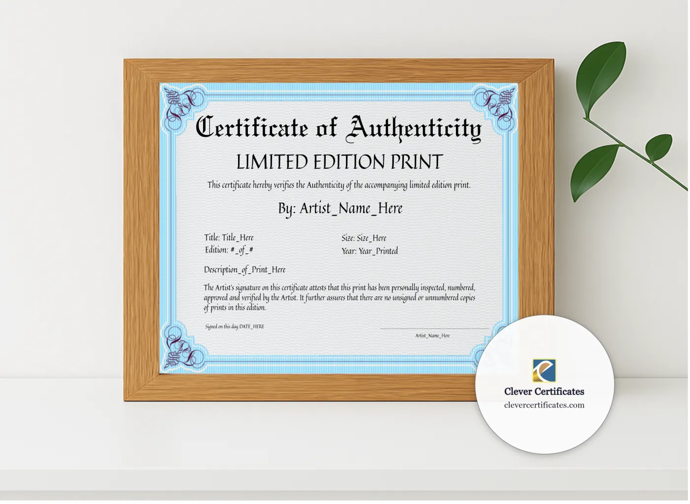 Realistic mockup featuring Customizeable Elegant Sky Blue Certificate Of Authenticity displayed within a modern frame, set against a minimalistic background.