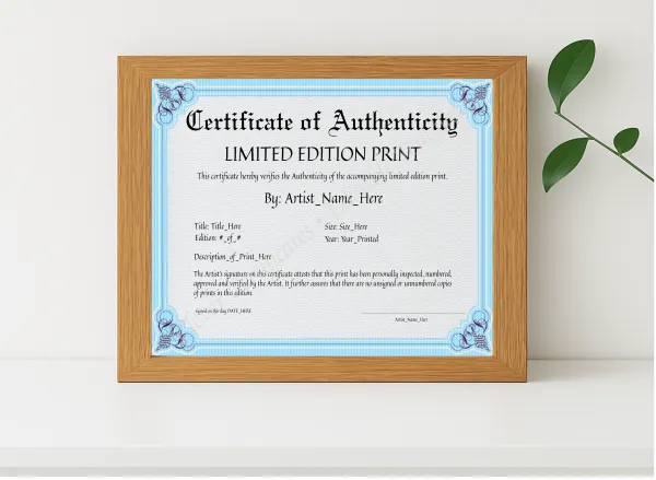 Realistic mockup featuring Customizeable Elegant Sky Blue Certificate Of Authenticity displayed within a modern frame, set against a minimalistic background.