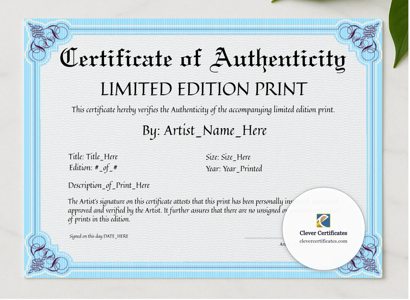 Customizeable Elegant Sky Blue Certificate Of Authenticity presented in a sleek wooden frame, elegantly arranged on a stylish table.