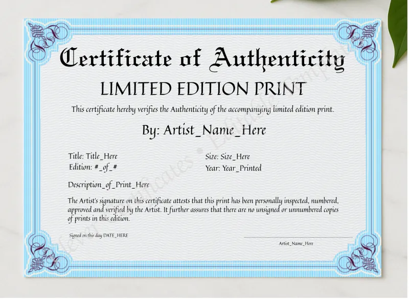 Customizeable Elegant Sky Blue Certificate Of Authenticity presented in a sleek wooden frame, elegantly arranged on a stylish table.