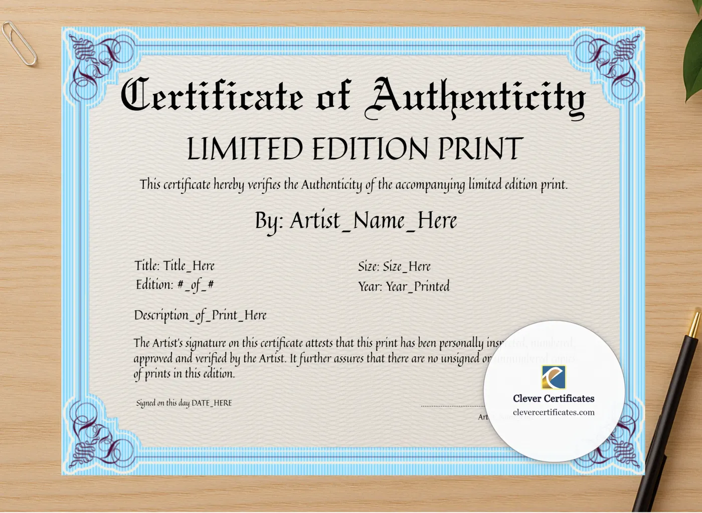 Professional preview of Customizeable Elegant Sky Blue Certificate Of Authenticity certificate on high-quality stationery paper, ideal for showcasing the final look.