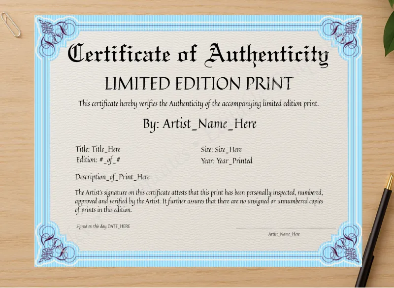 Professional preview of Customizeable Elegant Sky Blue Certificate Of Authenticity certificate on high-quality stationery paper, ideal for showcasing the final look.