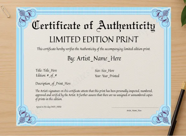 Professional preview of Customizeable Elegant Sky Blue Certificate Of Authenticity certificate on high-quality stationery paper, ideal for showcasing the final look.