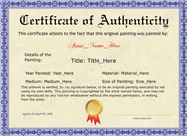 Editable Purple Original Painting Certificate