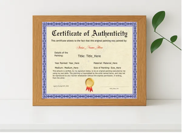 Realistic mockup featuring Editable Purple Original Painting Certificate displayed within a modern frame, set against a minimalistic background.
