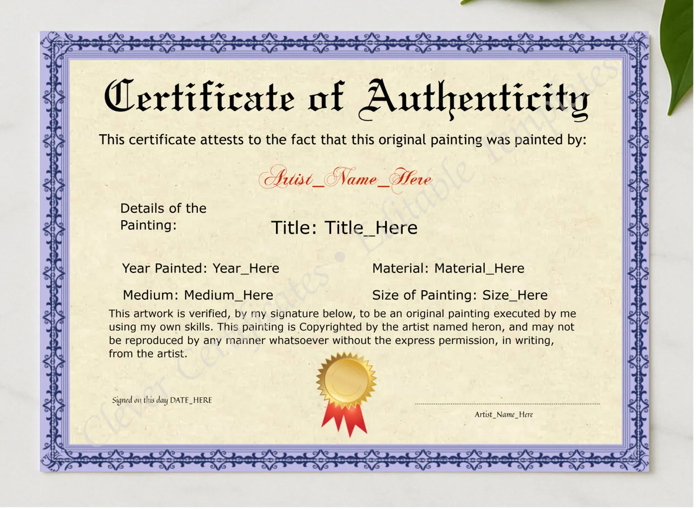 Editable Purple Original Painting Certificate presented in a sleek wooden frame, elegantly arranged on a stylish table.