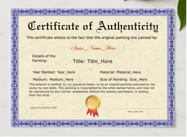 Editable Purple Original Painting Certificate presented in a sleek wooden frame, elegantly arranged on a stylish table.